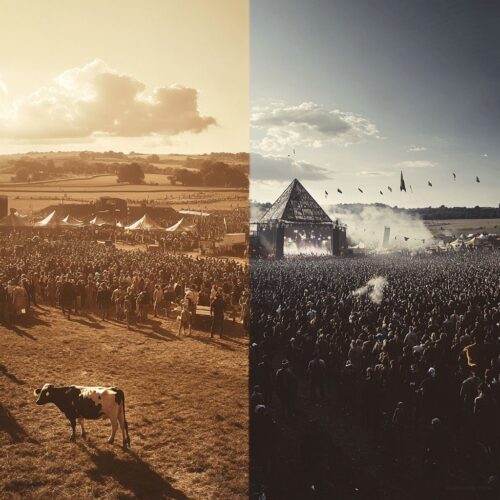 Early Glastonbury Festival Milk Farm Compared to Modern Day Glastonbury Music Crowds Camping