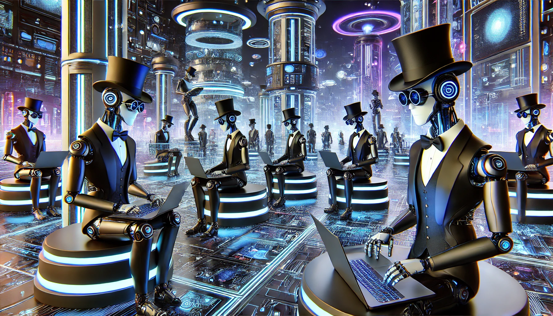 A-futuristic-landscape-featuring-tech-humanoid-robots-of-various-sizes-wearing-black-top-hats-some-tall-and-sleek-others-wide-brimmed.-The-robots-ar-1.webp